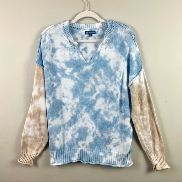 Democracy Bohemian V-Neck Pullover Sweater Light Blue & Tan Tie Dye Size Large - Picture 2 of 15